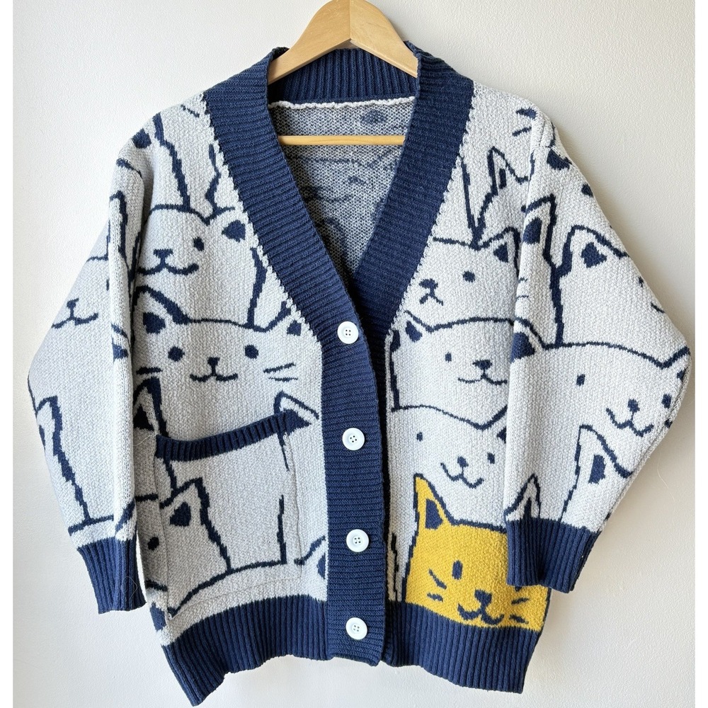 Navy & Cream Cat-Print Button-Up Cardigan Sweater